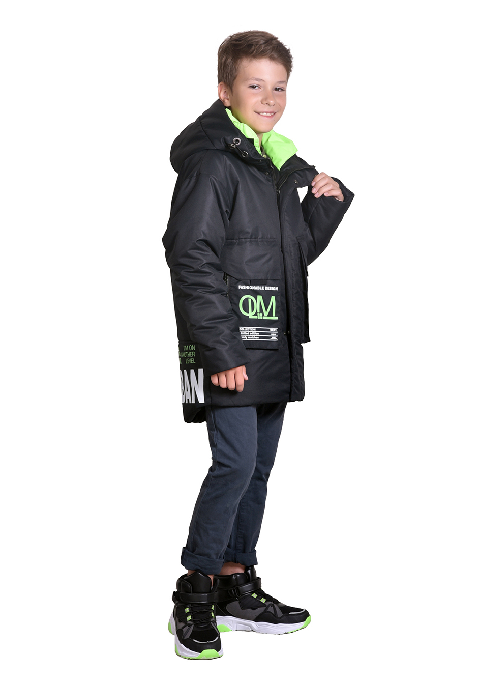 картинка Куртка для мальчика М-357 Черный/салатовый неон  от магазина ОЛМИ